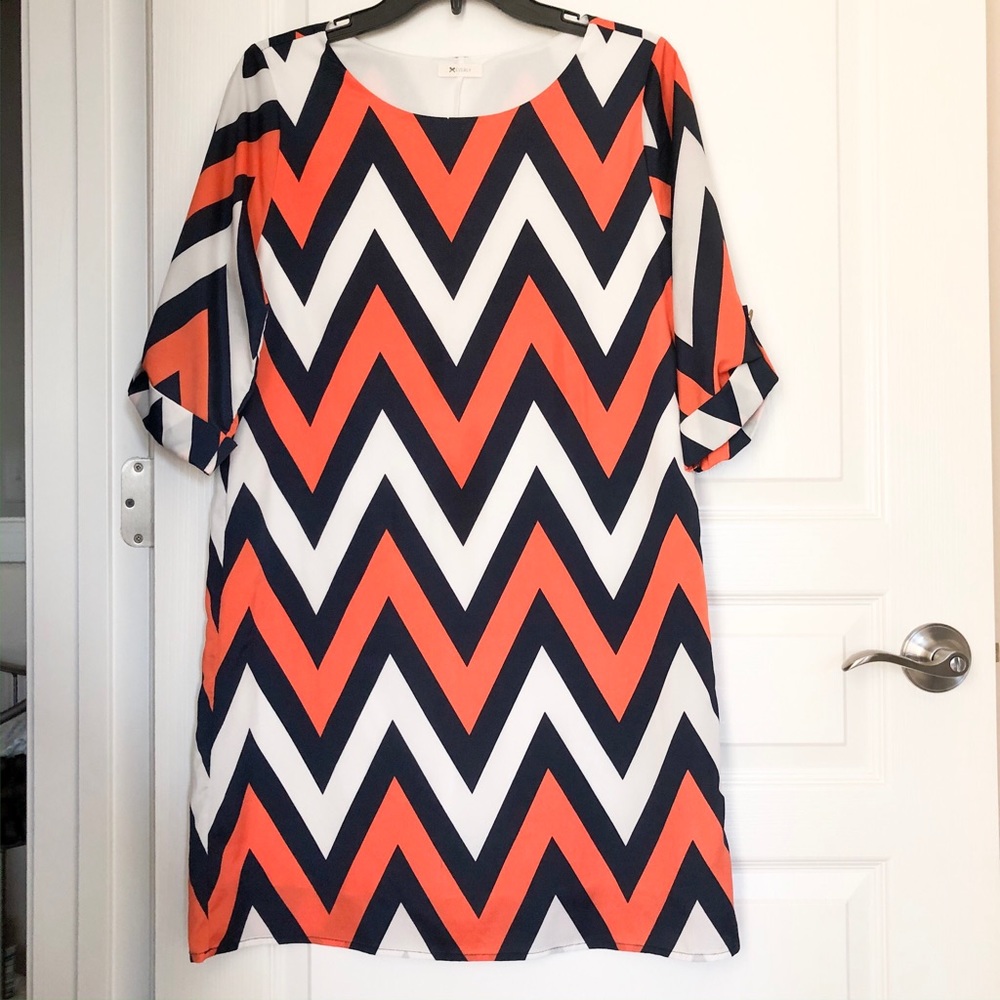 Chevron Patterned dress - orange and Navy, Medium